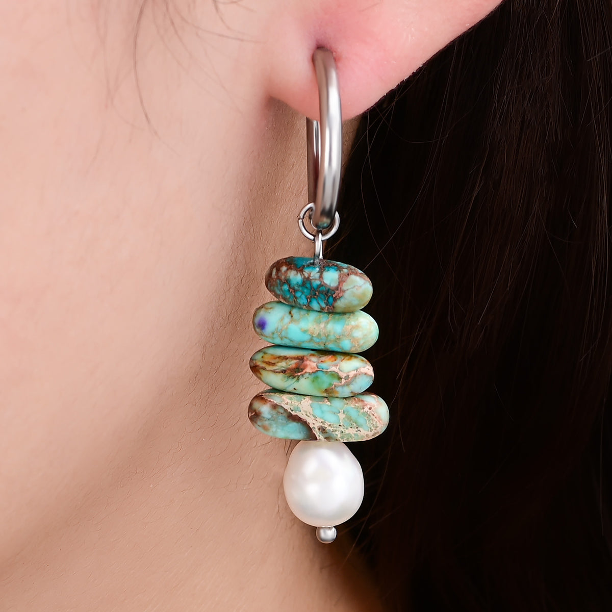 Pendientes de aro Ocean Bliss Pearl y Jaspe Turquesa