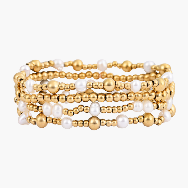 Conjunto de pulsera de perlas con brillo dorado