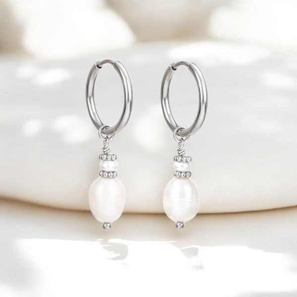 Pendientes de aro Elegancia Perla Plateada