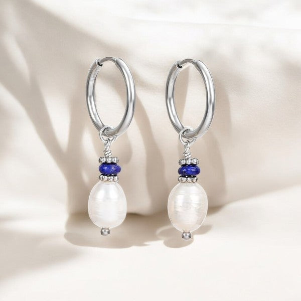 Pendientes de aro con perlas de lapislázuli plateado