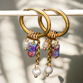 Pendientes de aro con colgante de flor de amatista dorada