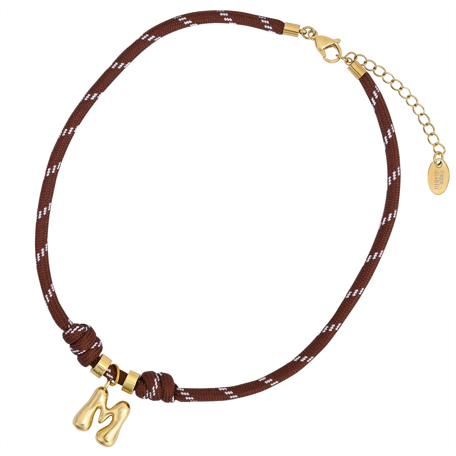 Collar de cuerda con letras burbuja doradas