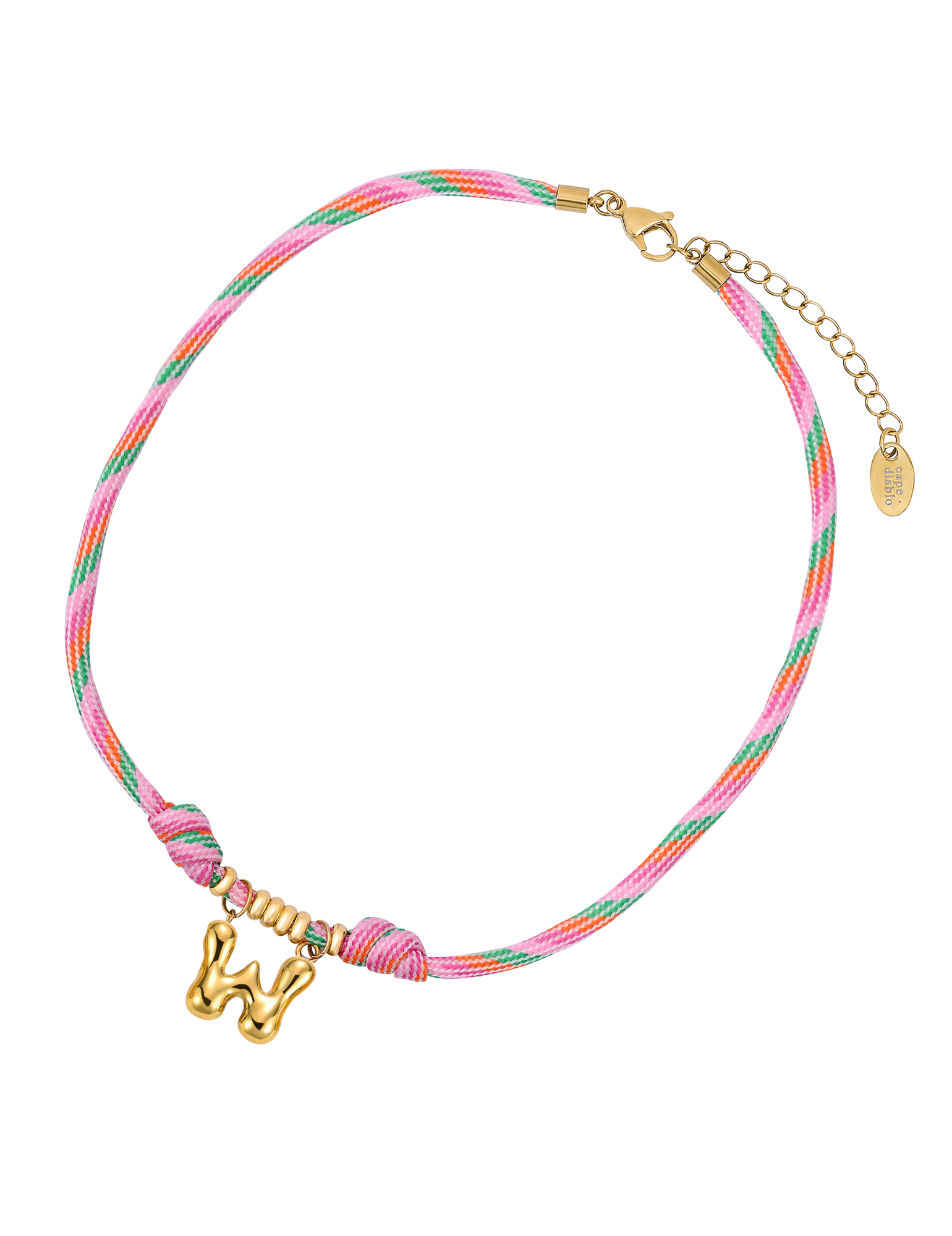 Collar de cuerda con letras burbuja doradas