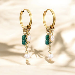 Pendientes de aro de ágata y perla Golden Grace