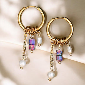 Pendientes de aro con colgante de flor de amatista dorada