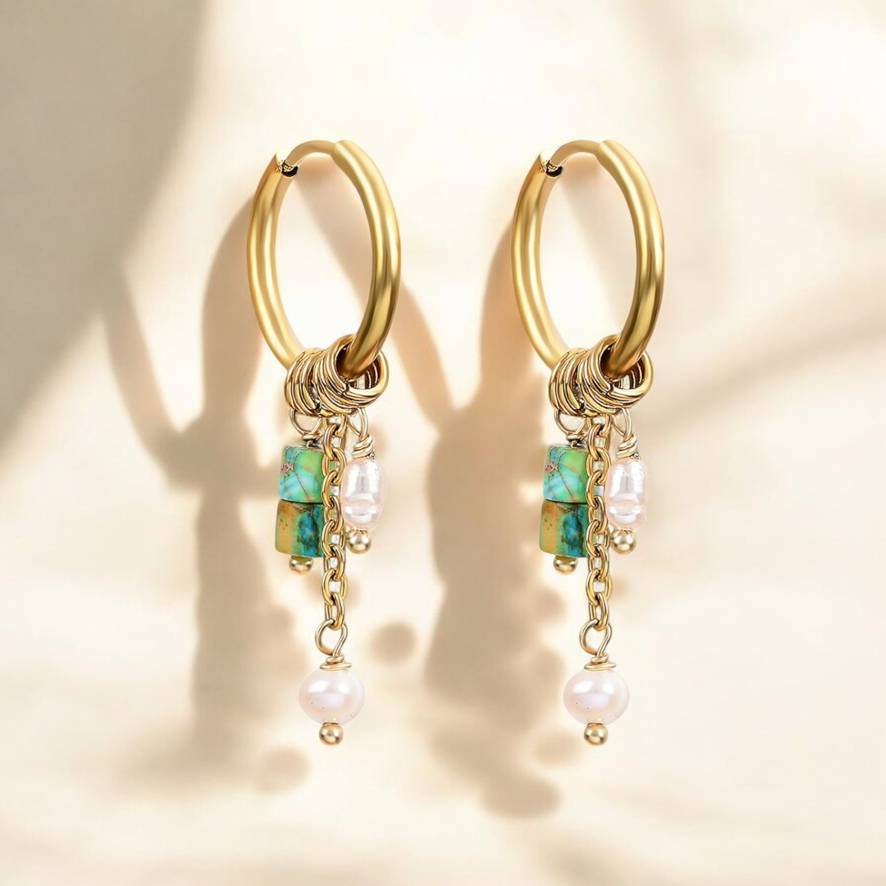 Pendientes de aro de ágata y perla Golden Grace