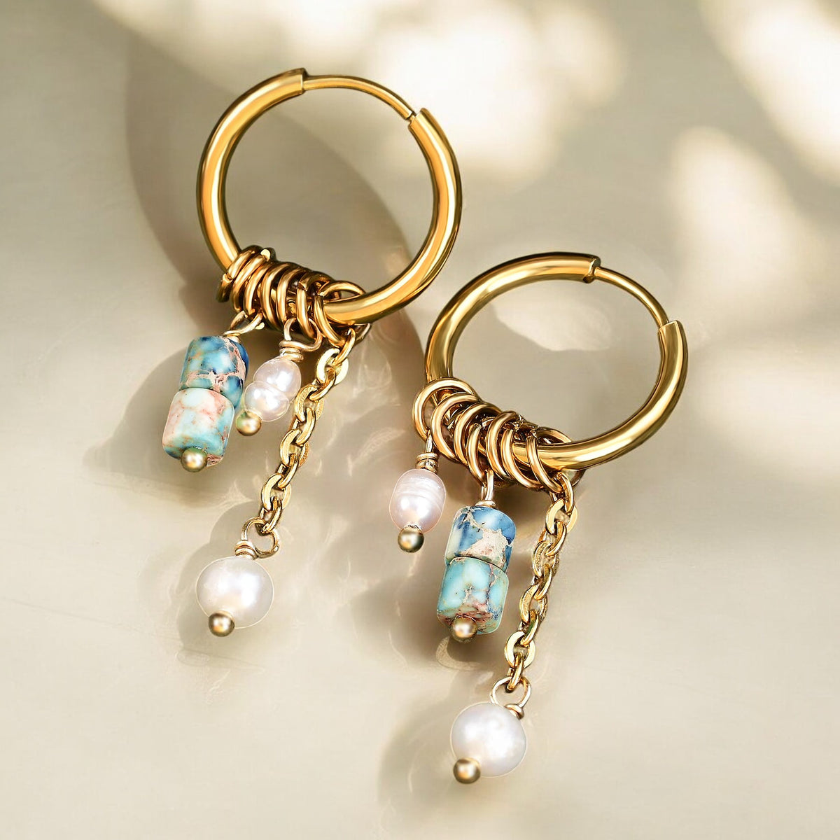Pendientes de aro de ágata y perla Golden Grace