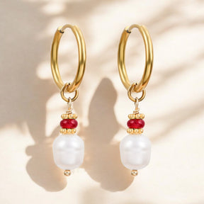 Pendientes de aro de ágata y perla Golden Grace