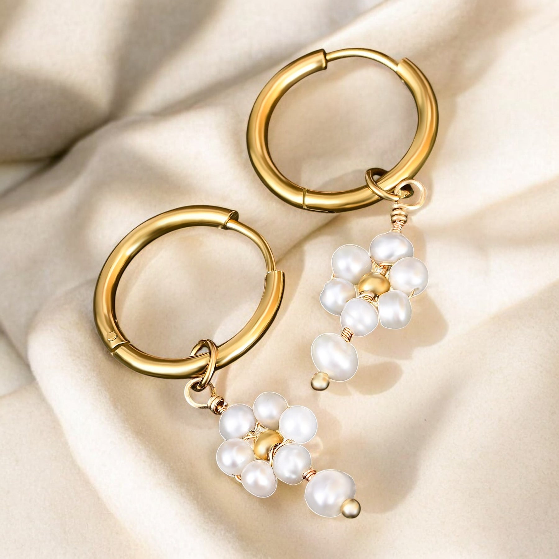 Pendientes de aro de ágata y perla Golden Grace
